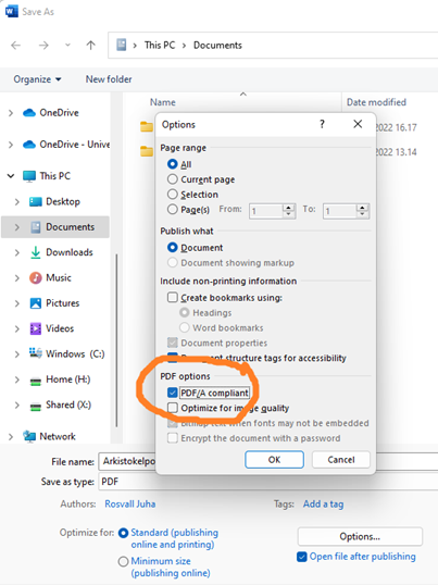 Saving in PDF/A format | Opiskelijan uniarts